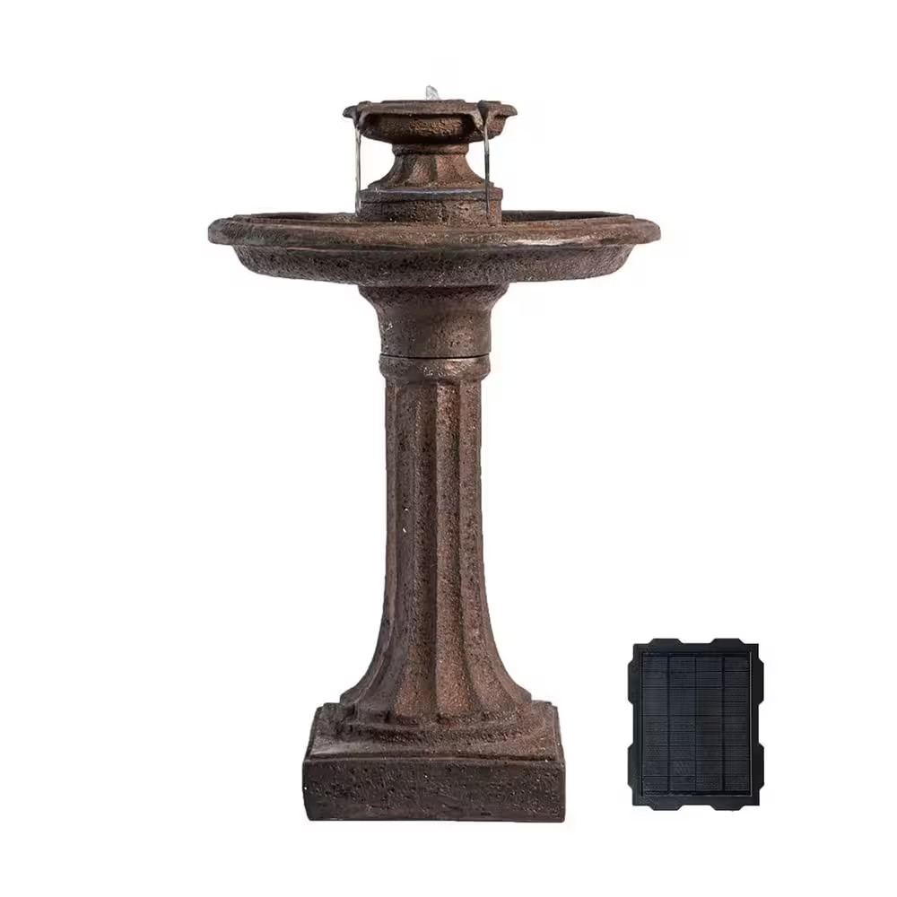 Xbrand 28 In. 1-Tier Brown Solar Birdbath Fountain with Panel and Pump - Outdoor