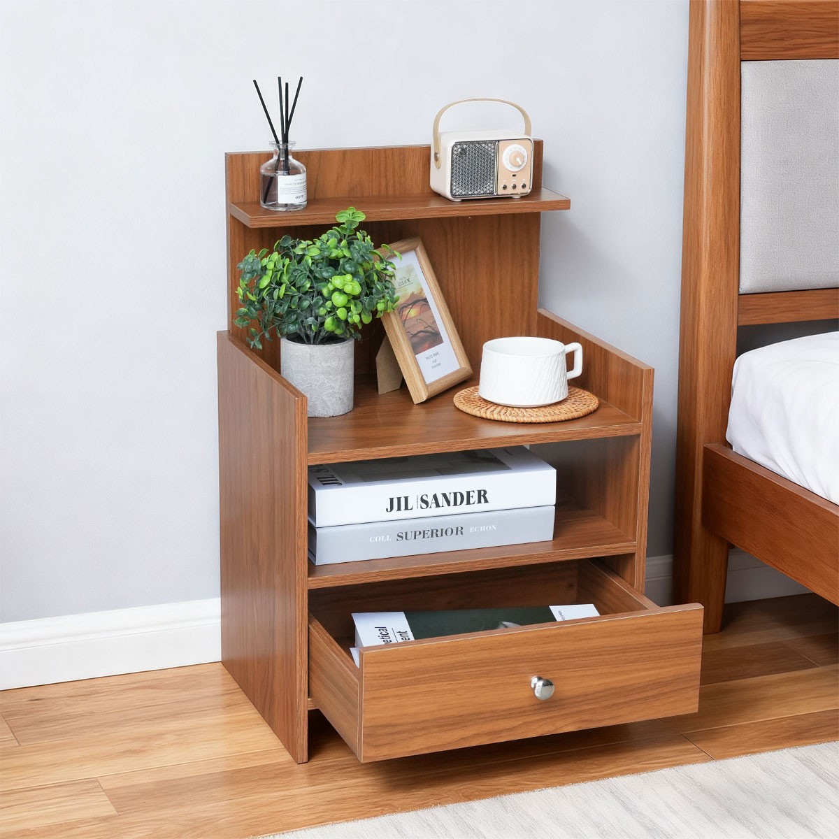 Wood Nightstand 1 Drawer & Open Shelf Bedside Table Retro Living Room Bedroom US