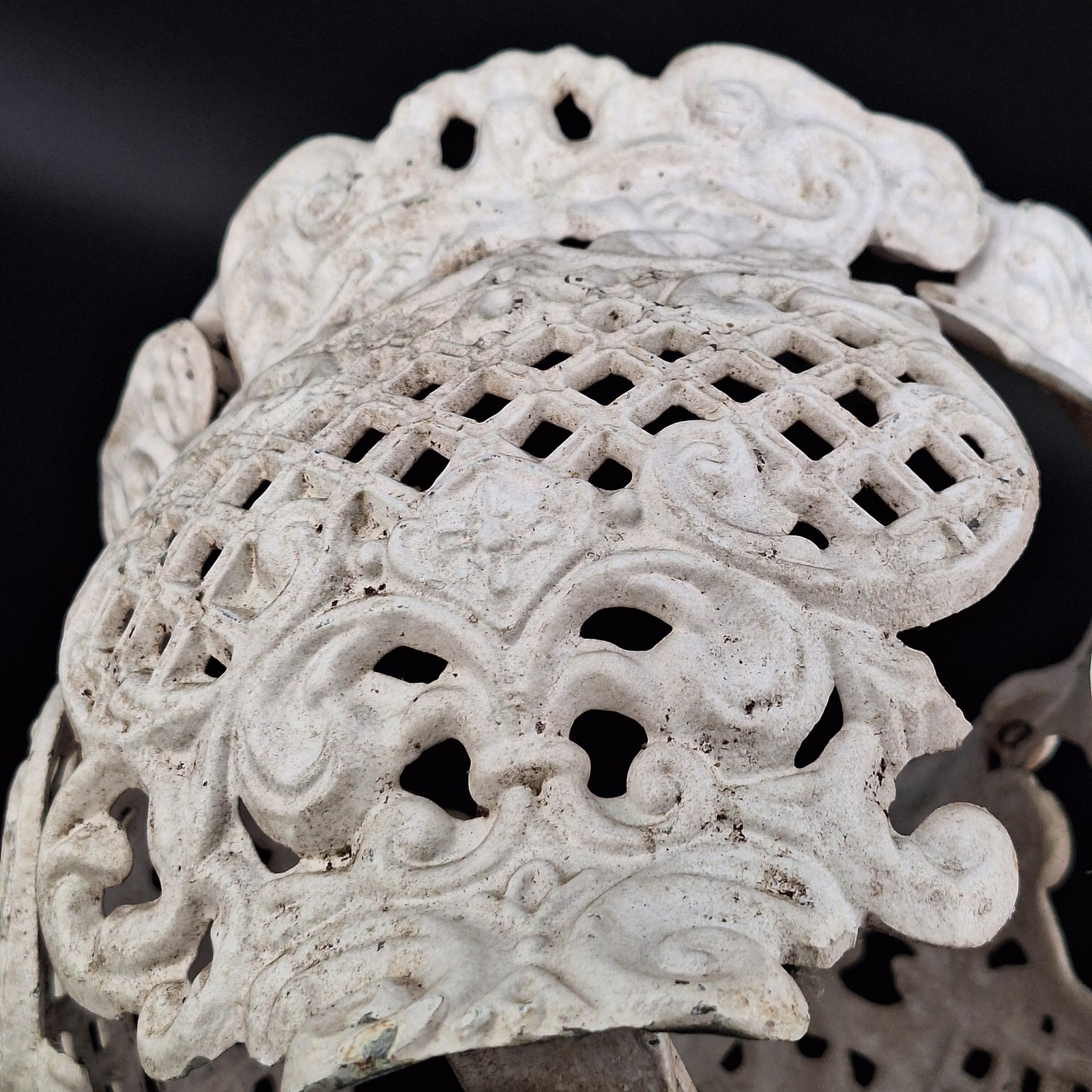 Antique Cast Iron Planter Holder Ornate Lattice White Garden Decor