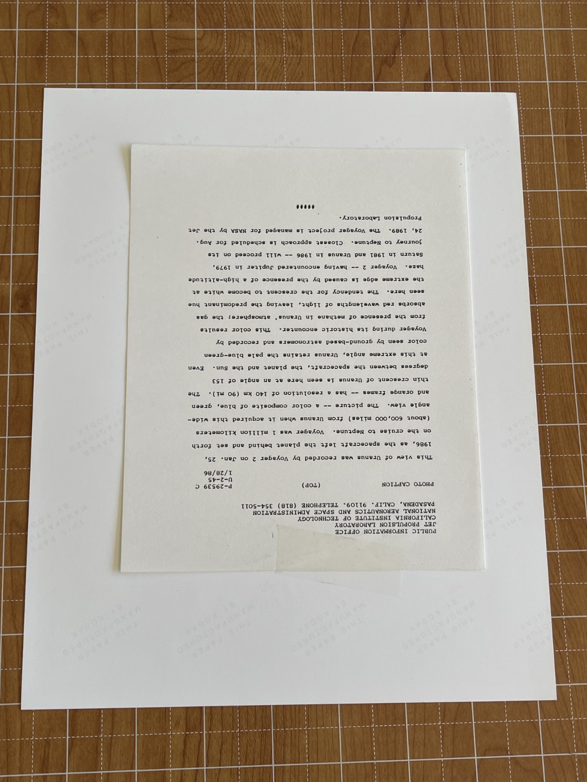 VINTAGE SPACE NASA PHOTO URANUS VOYAGER JPL KODAK PAPER