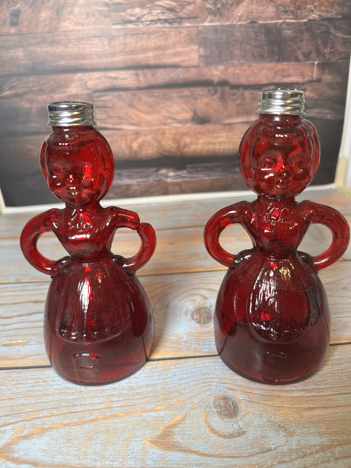 Vintage Ruby Red Glass Merry Maid Salt Pepper Shakers Set Taiwan Figural