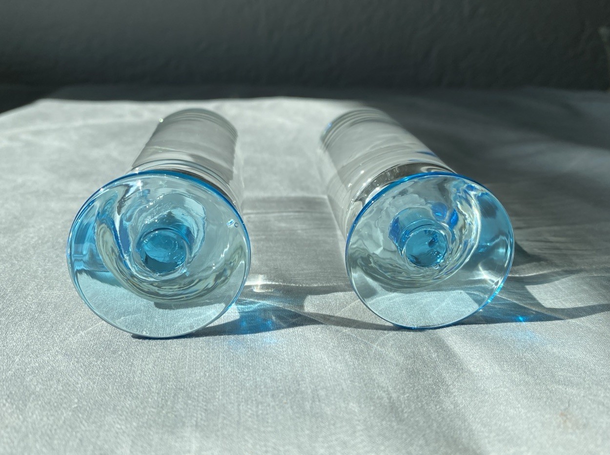 MCM Cylindrical Hand Blown Shot Glasses With Blue Handles And Bases - Set Of 2