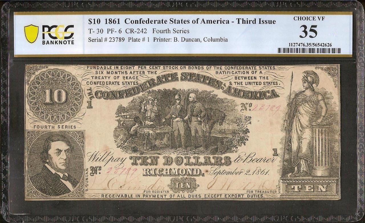 1861 $10 SWEET POTATO DINNER NOTE CONFEDERATE CURRENCY CIVIL WAR MONEY T-30 PCGS