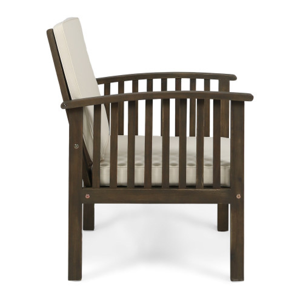 Acacia Wood Outdoor Club Chair Set w/ Side Table, Cream & Gray Cushions