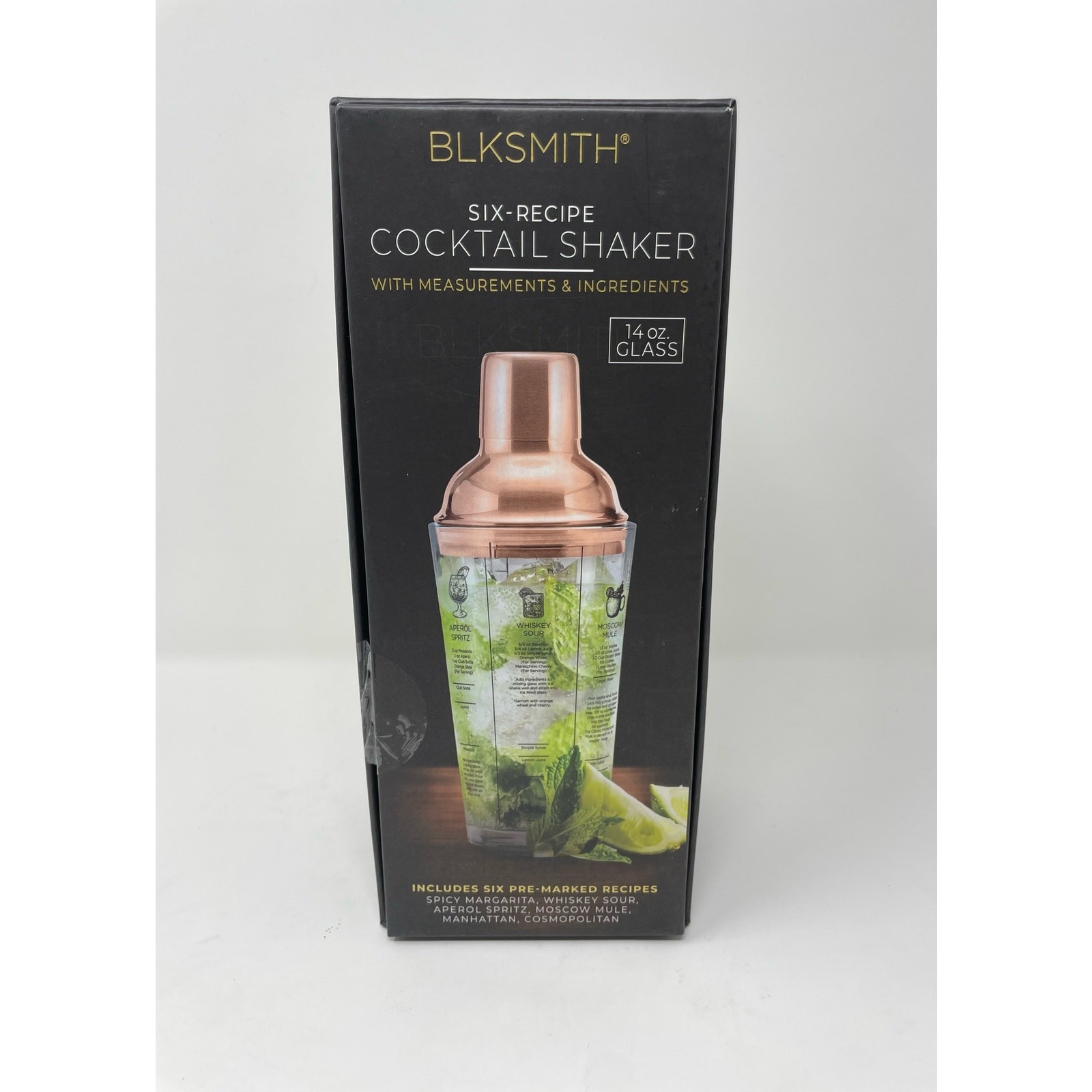 BLKSMITH 14 oz Glass 6-Recipe Cocktail Shaker w/ Measurements & Ingredients New