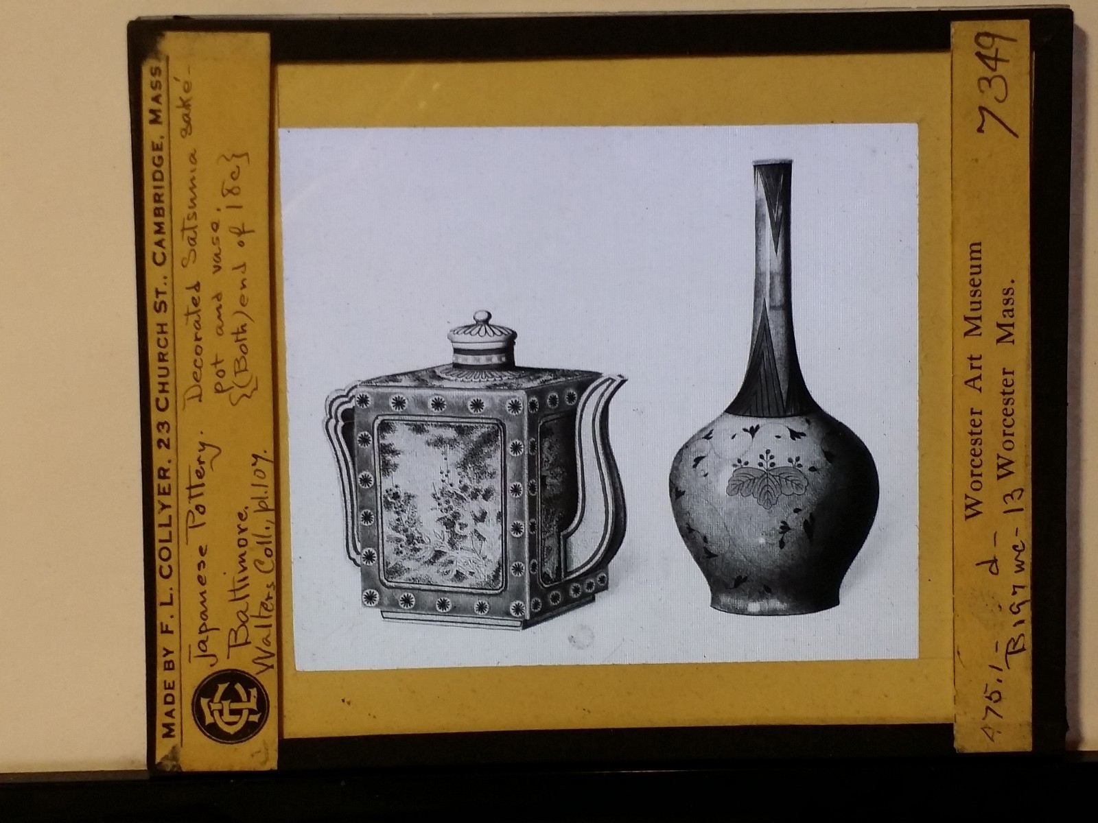 Japanese Pottery, Decorated Satsumia Sake Pot and Vase,Magic Lantern Glass Slide