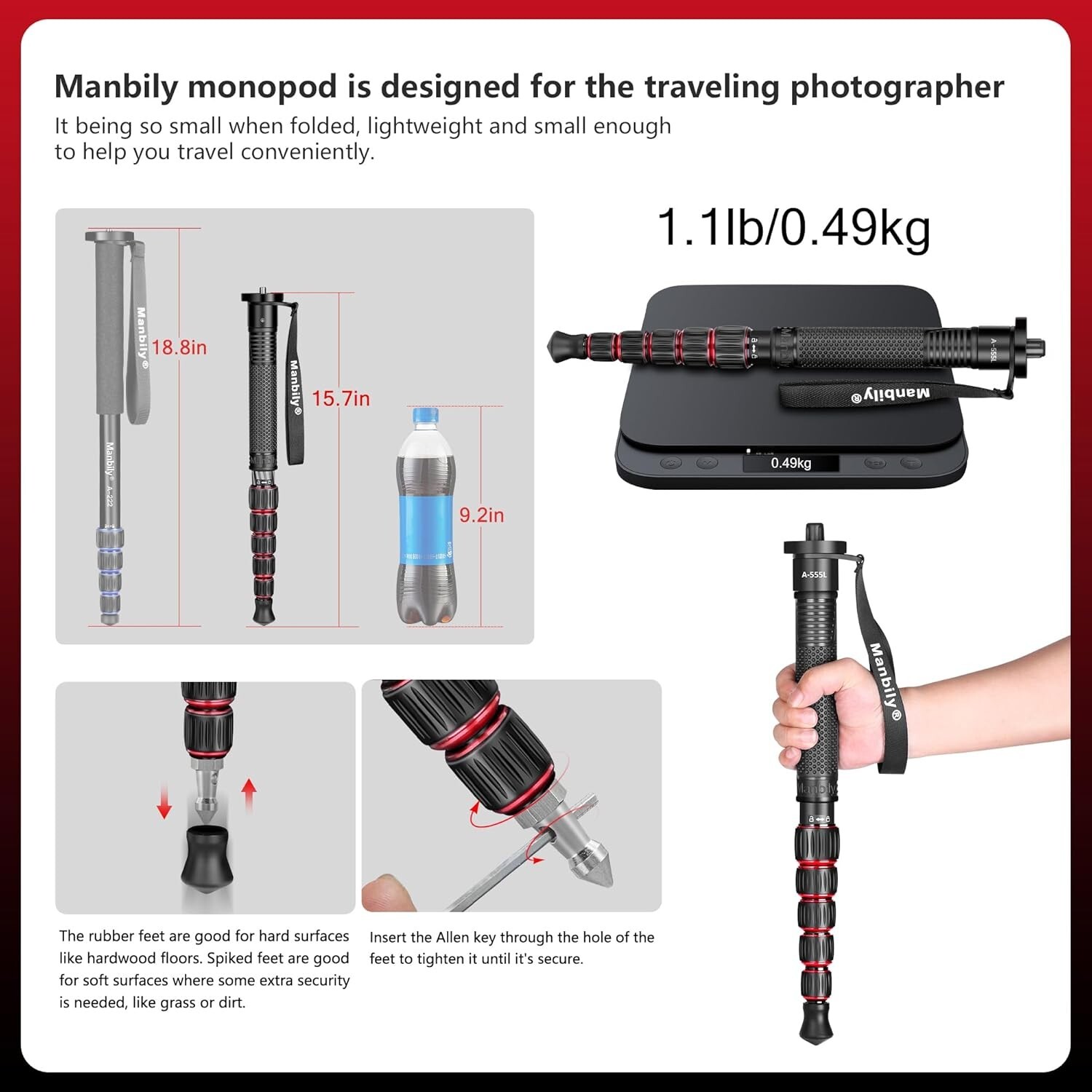 Manbily Camera Monopod Aluminum Portable Compact Lightweight Travel Monopod HOT