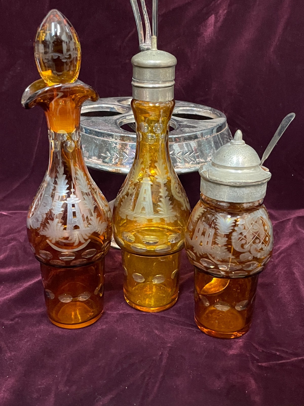 Antique 1800's Wilcox Silver Plate Cruet Condiment Set 3 Etched Amber Bottles