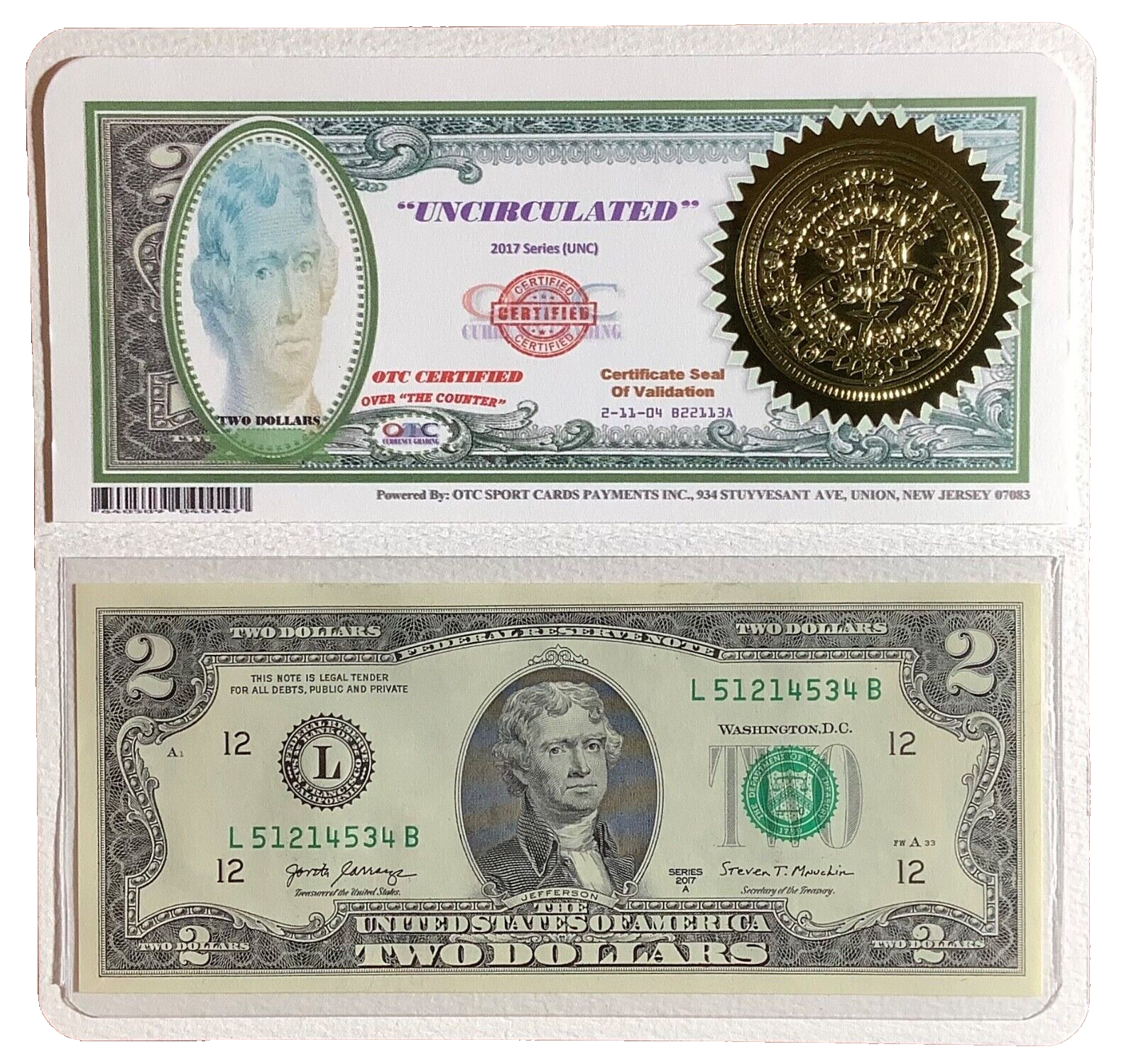 Great Gifts-2017 2 Dollar Bills (1) One First Note "HIGH QUALITY" Uncirculated
