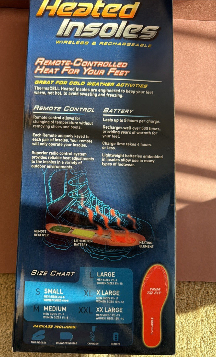 ThermaCELL Heated Insoles REMOTE CONTROLLED XX-LARGE Men 11 1/2-13 W 12 1/2-14