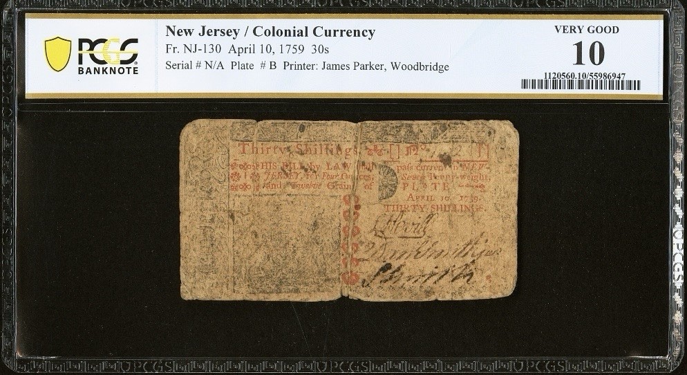 1759 NEW JERSEY Colonial Currency American Revolution RARE Bank Note NJ-130 PCGS