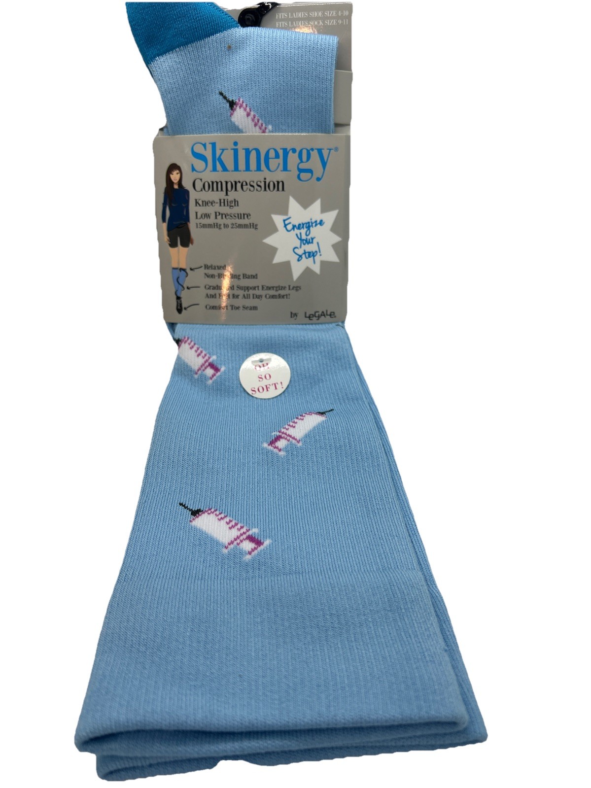 Skinergy Blue w/ Syringe print Compression Socks Fits Ladies Shoe Sz 4-10