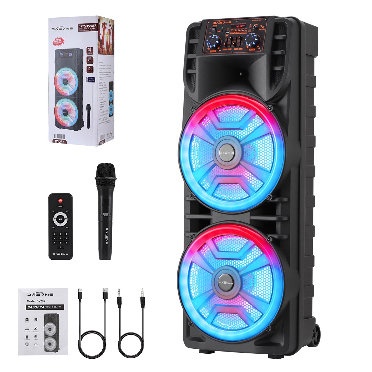 Dual 12" Portable Bluetooth Party Speaker Heavy Bass Sound with Mic FM Karaoke