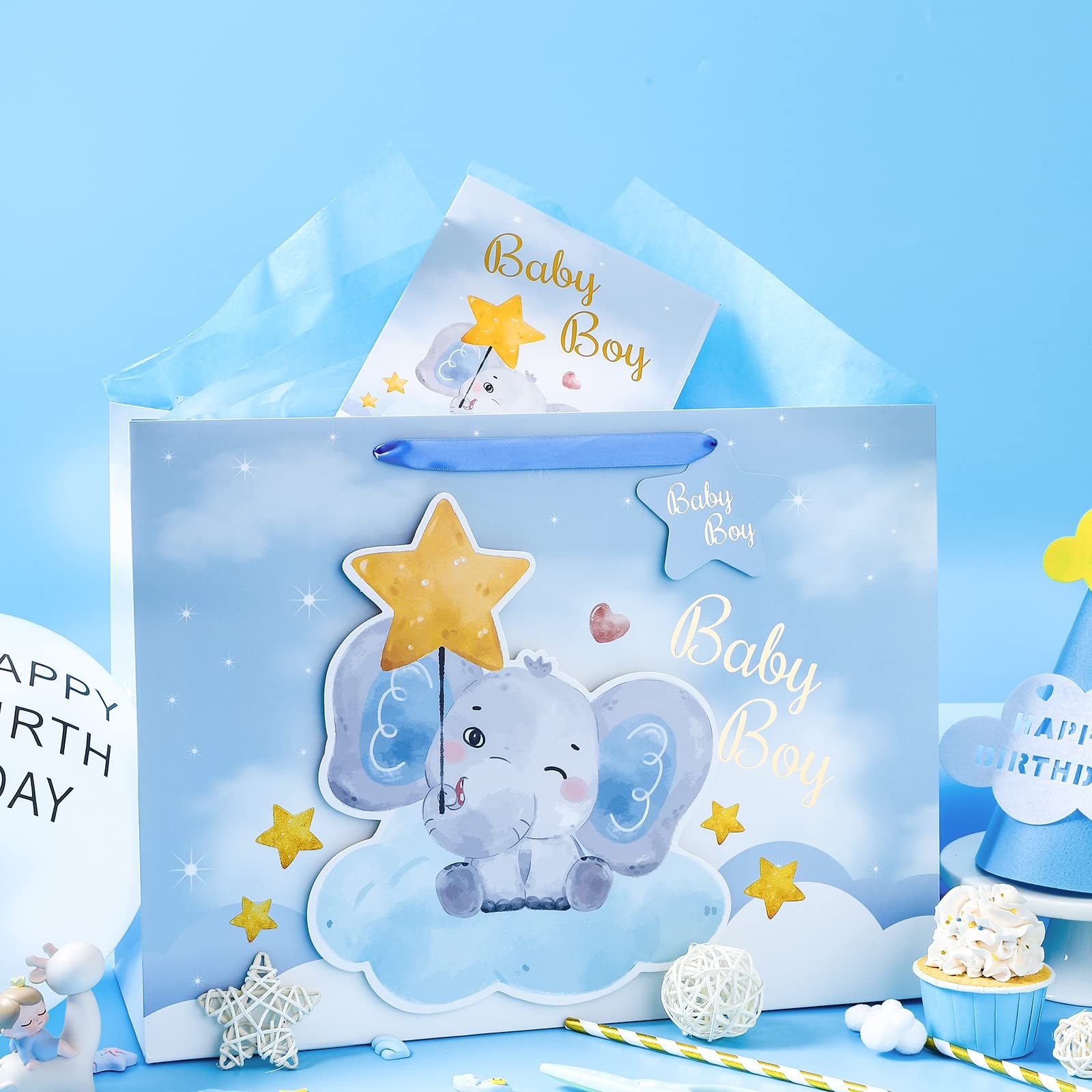 16" Extra Large Baby Boy Gift Bag with Card and Tissue Paper - For Baby Shower
