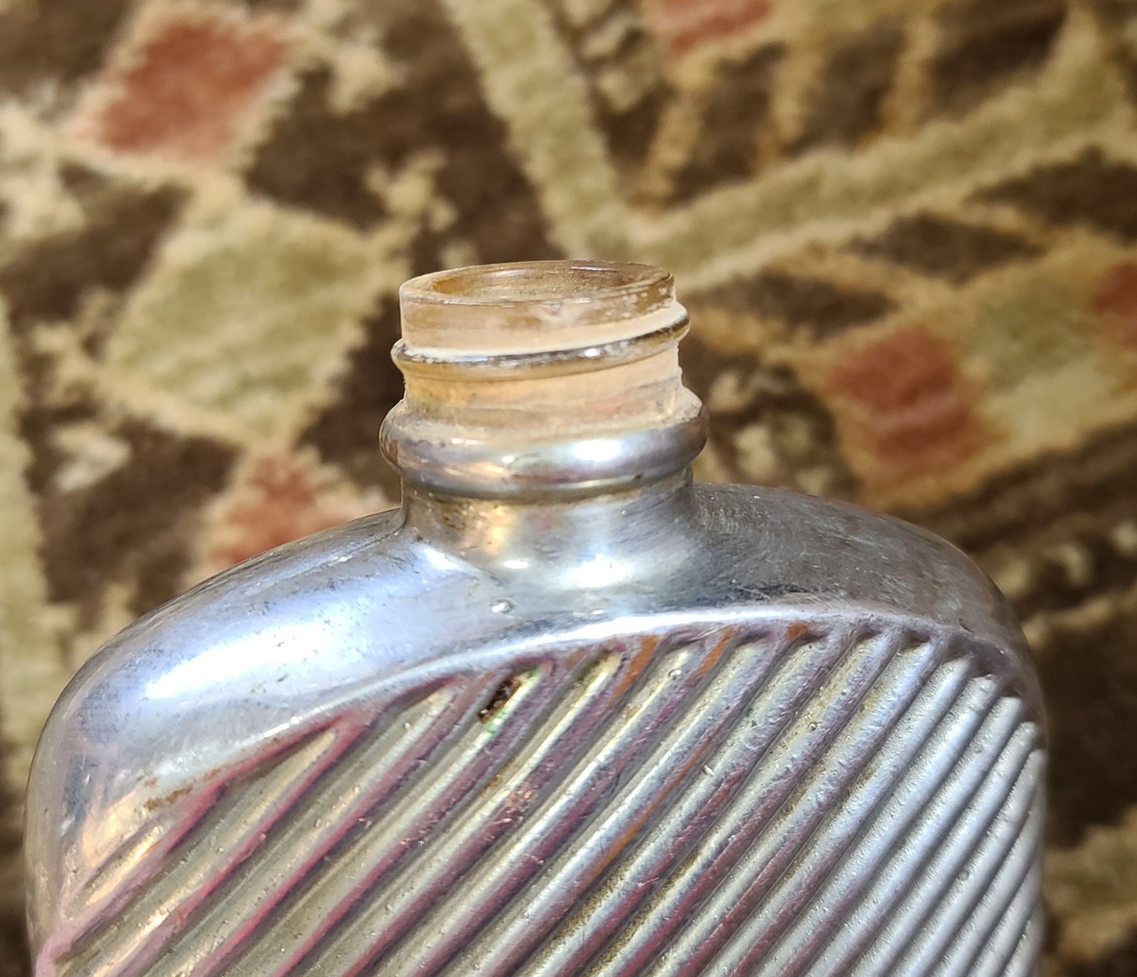 Antique Silver & Copper Plated Glass Ribbed Hip Flask 5-3/8" Tall Vintage