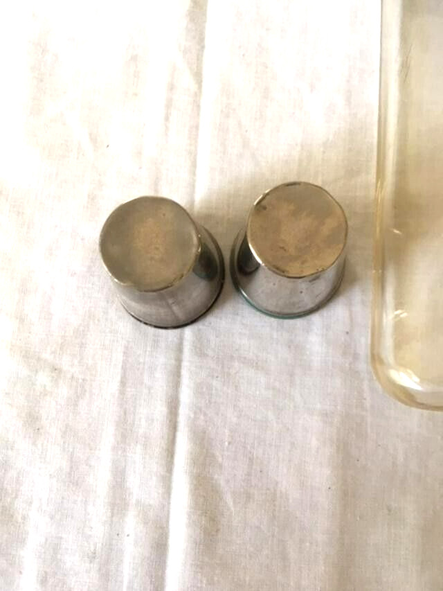 Vintage Flask Plastic Silver Plate Two Cups Silver Gold Tone Camping Hiking