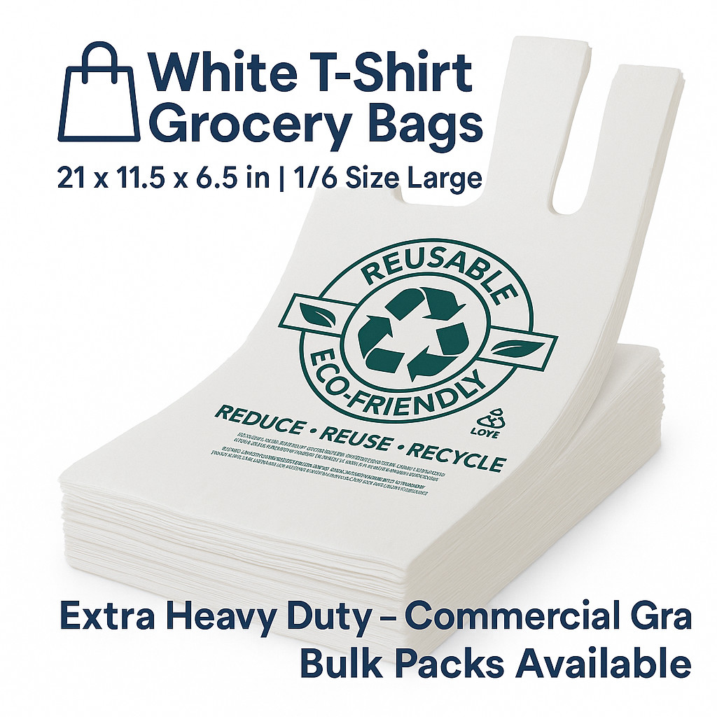 White T-Shirt Grocery Bags 1/6 Large – Extra Heavy Duty 21x11.5x6.5 – Bulk Packs