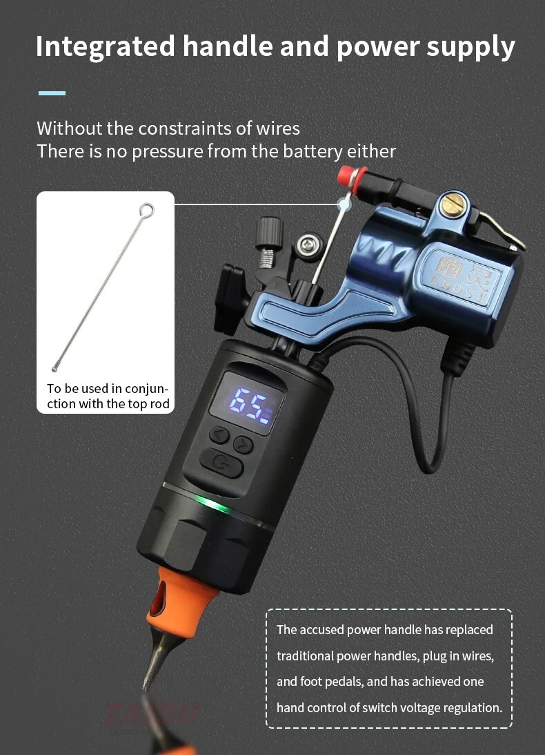 Wireless Tattoo Cartridge Grip Build-in Battery Handle 2 in 1 For Power Supply