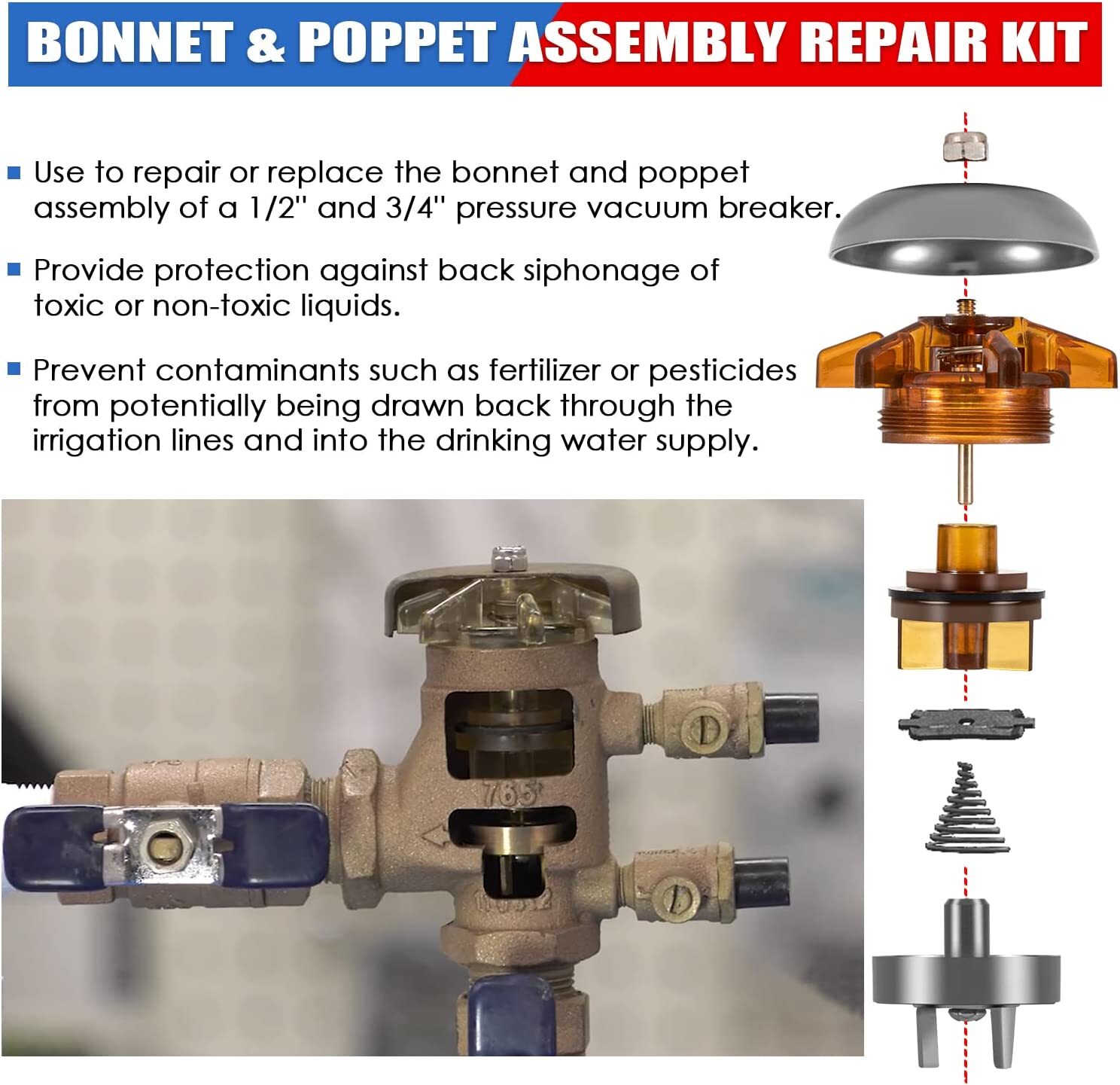 For Febco FRK 765-BP 1/2" & 3/4" Poppet and Bonnet Assembly Repair Kit #905-211