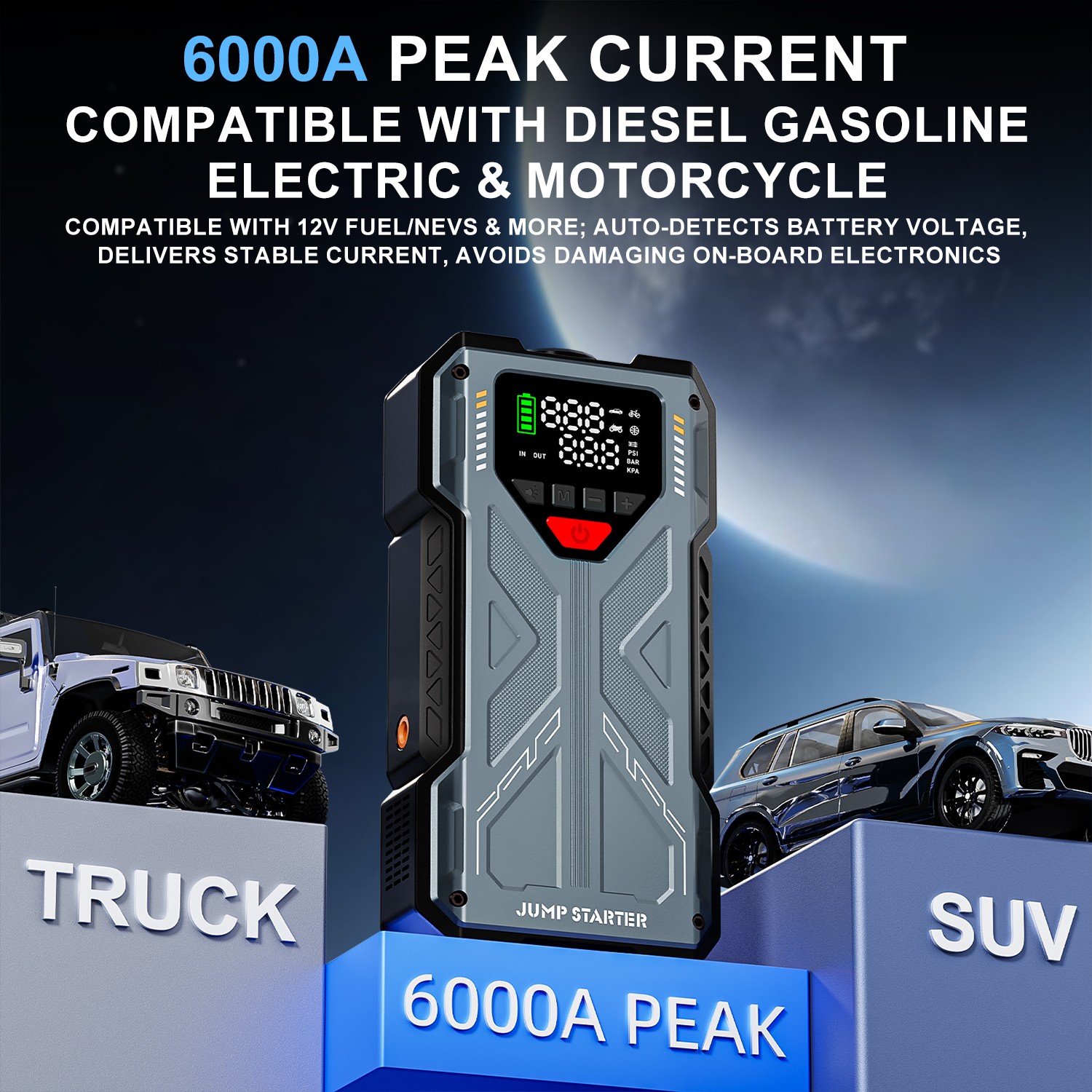 6000A Jump Starter with Air Compressor Ortable 12V Car Battery Booster PowerBank