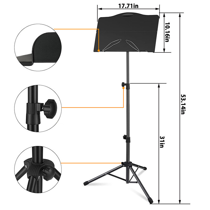 Portable Lightweight Metal Folding Sheet Music Stand With Carrying Bag & Light