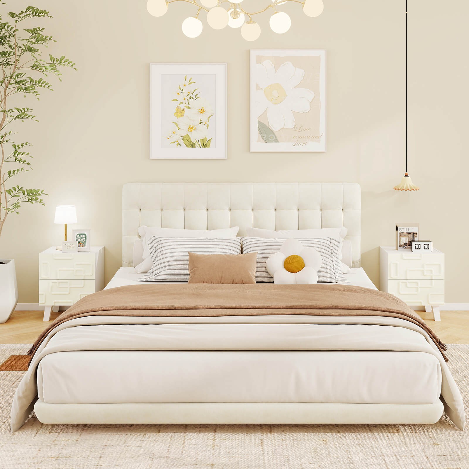 2PCS Mid Century Modern Bedside Table w/2 Storage Drawers 3D Geometric Patterns