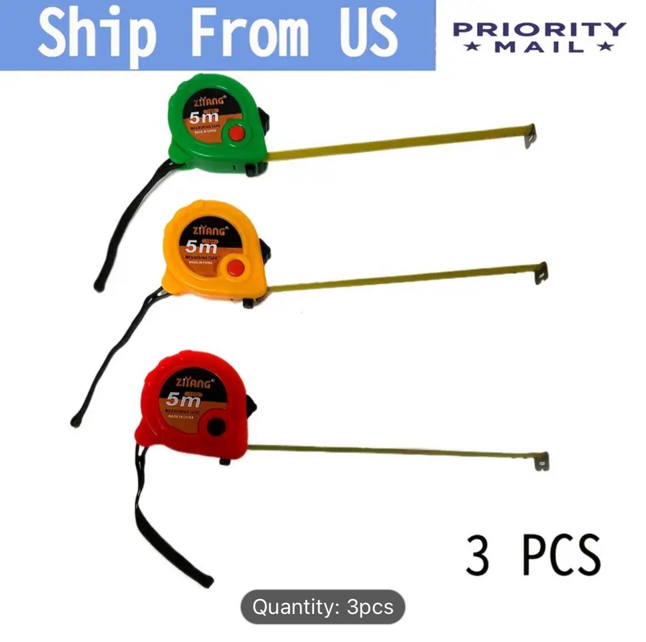 Set Of 3 PCS 16Ft 5M Measure Tape Metric Steel Measuring Ruler Self-locking