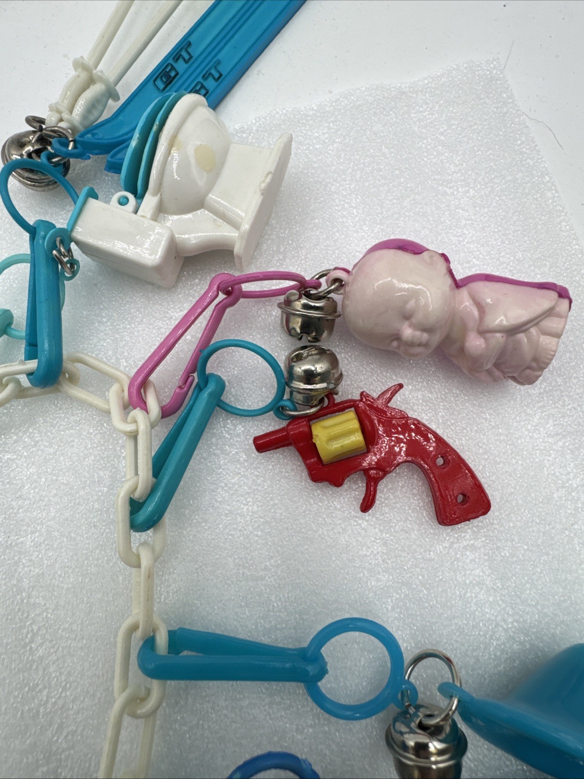 Vintage 1980's Plastic Bell Charm Clip Necklace w 2 Chains and 34 Charms.