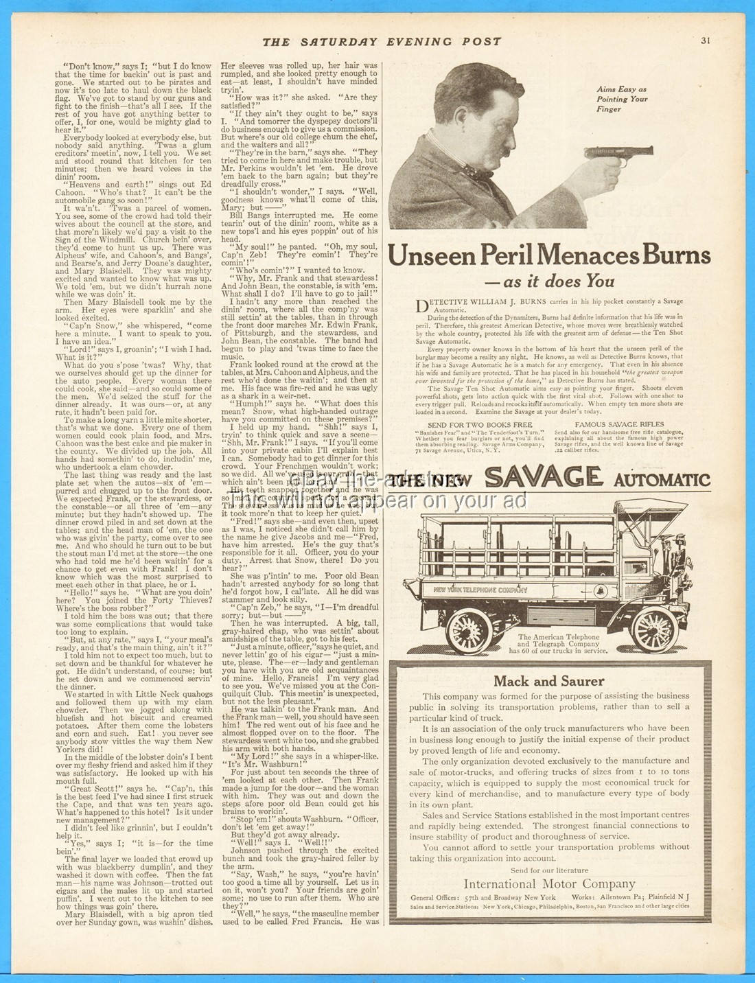 1912 Savage Arms Automatic Pistol Utica NY Detective William Burns Photo Vtg Ad