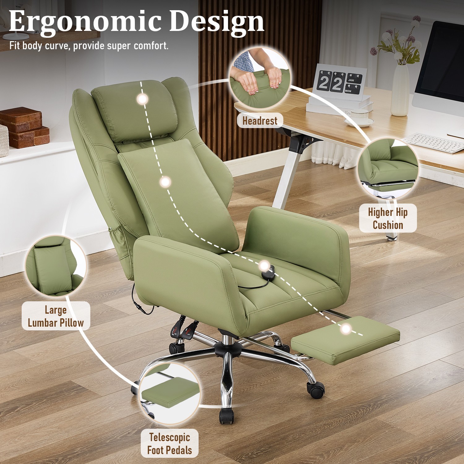 Massage Office Chair w/ Flip-Up Arms & Lumbar Support - 135° Recline, for Xmas