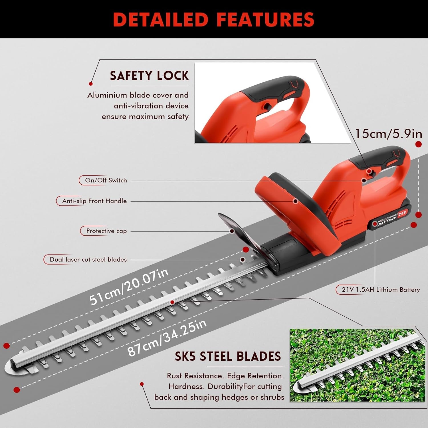 22Inch Cordless Hedge Trimmer Cordless Electric Hedge Trimmer w/2* 24V Battery