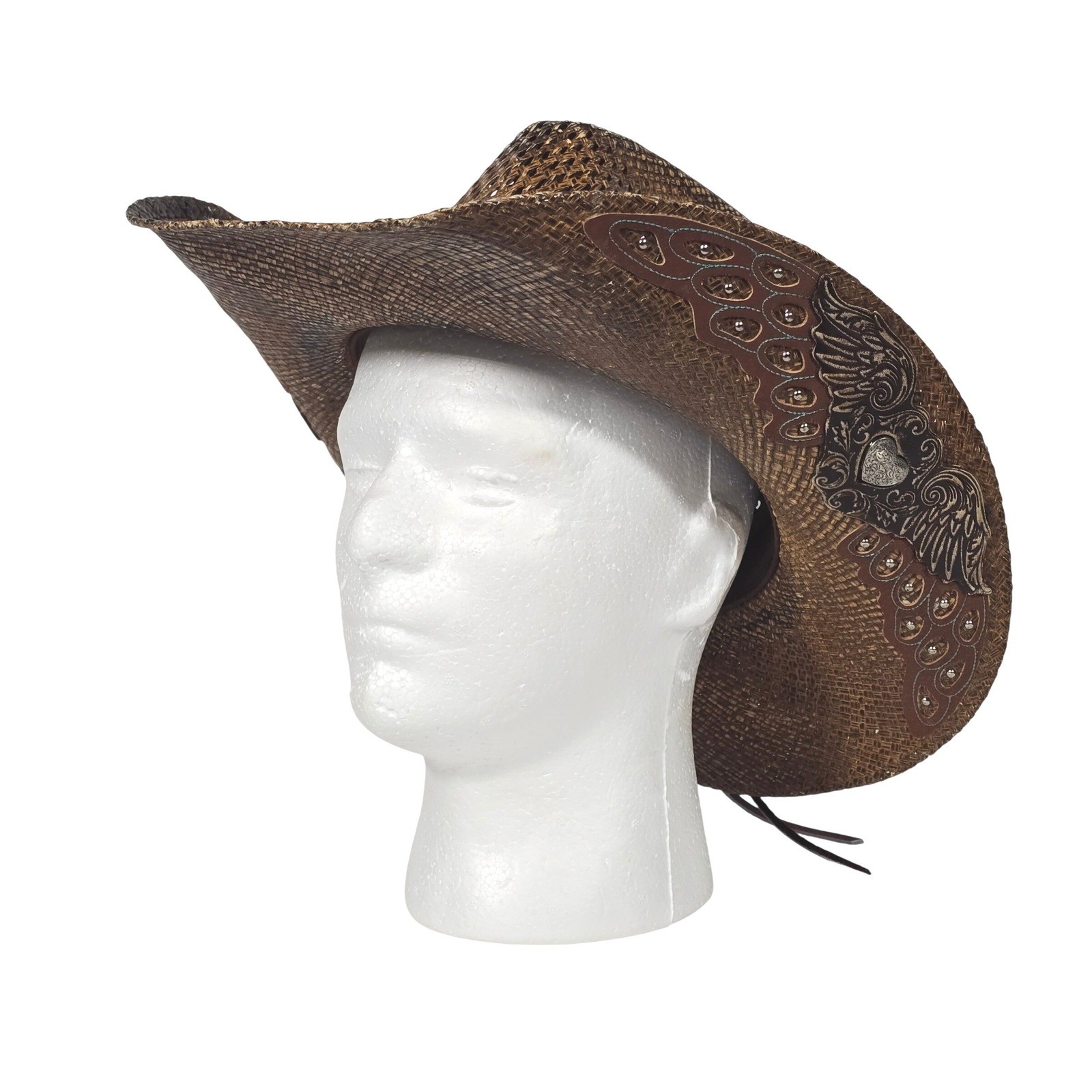 Stampede Hats Darling Cowboy Hat Tequilla Straw Size Large Brown Hearts Wings