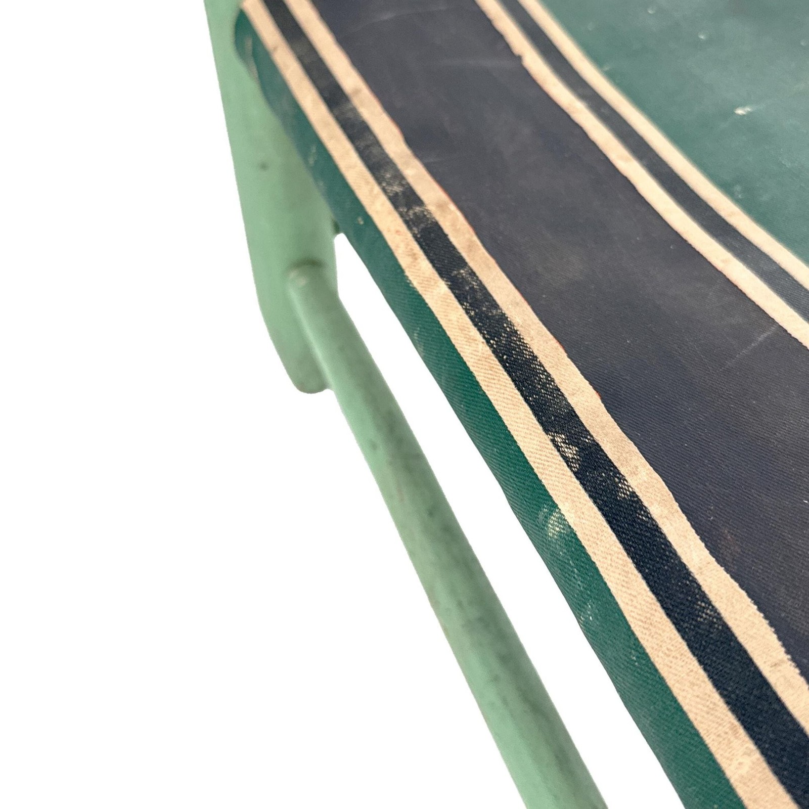 Vtg 30s Turquoise Green Painted Wooden Stool Striped Straw Stuffed Oilcloth Seat