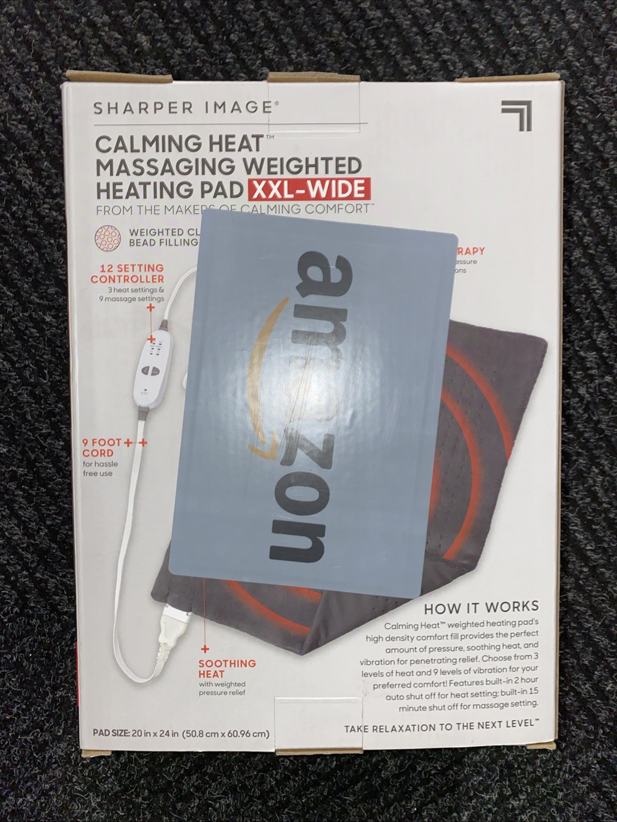 Sharper Image Calming Heat Massaging Weighted Pad XXL-Wide 20x24 6 lb brown box,