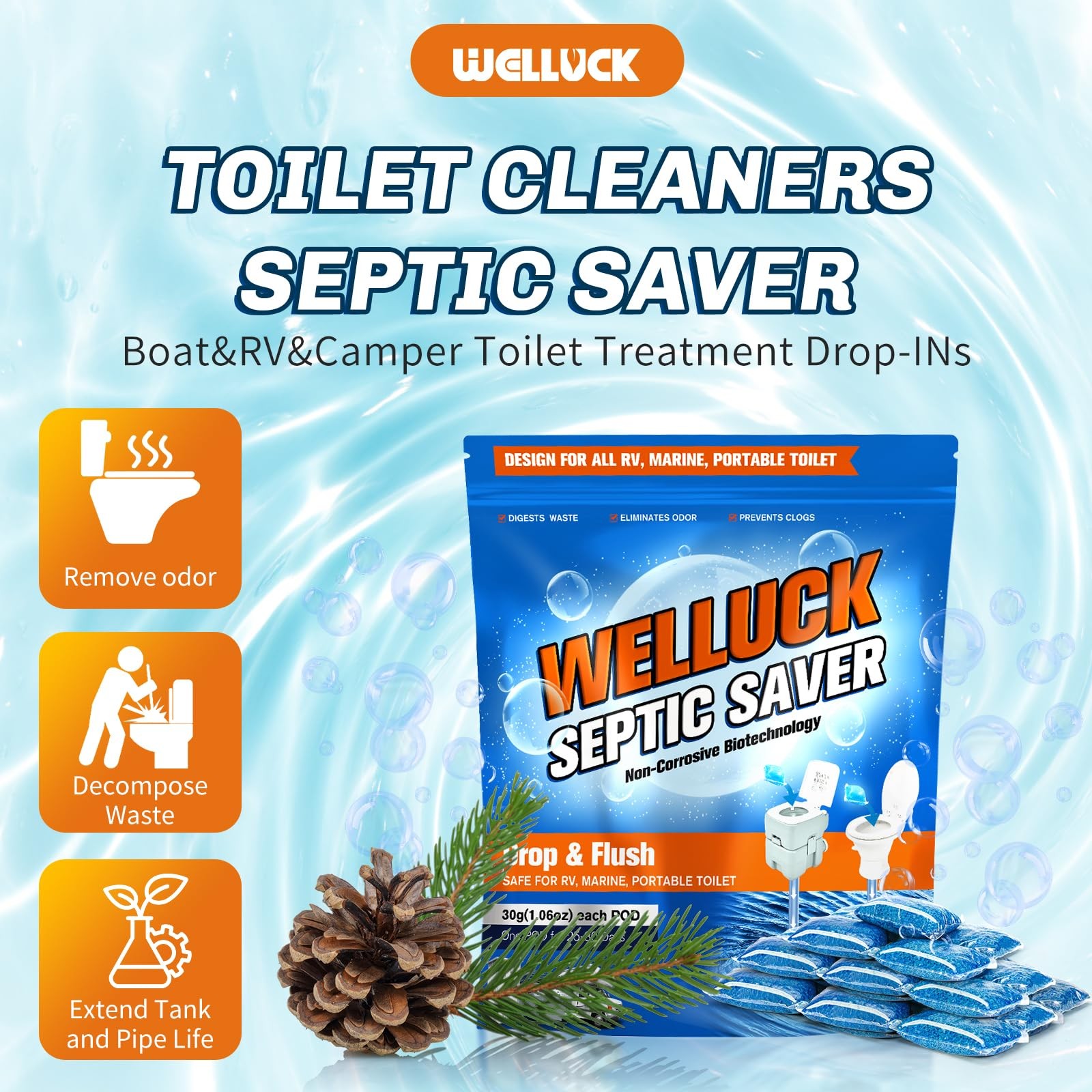 WELLUCK 50 Packs RV Toilet Treatment Drop Ins, Holding Tank Deodorizer for RV