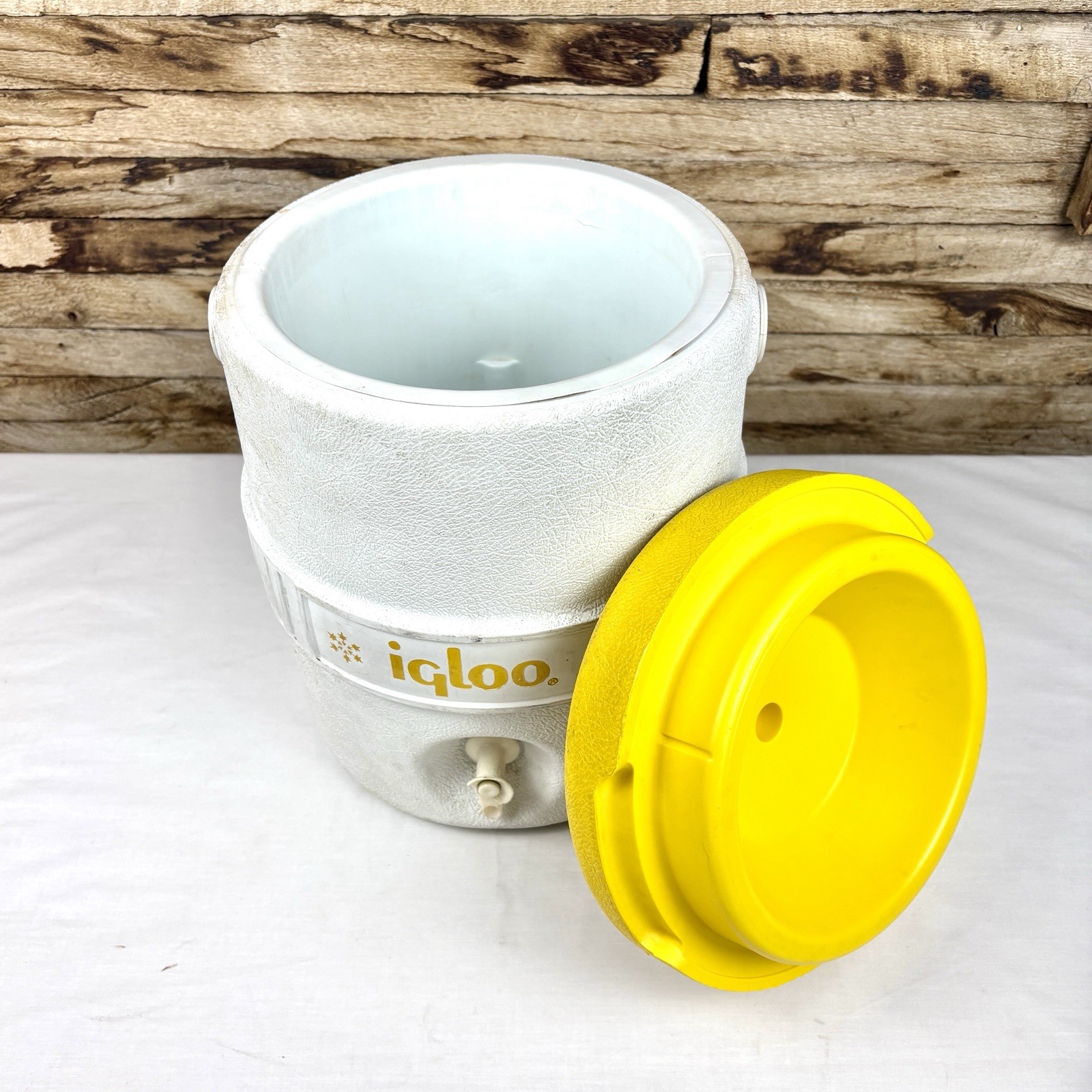Vintage Igloo 2 Gallon Water Cooler Dispenser Houston TX Yellow White Handle Jug