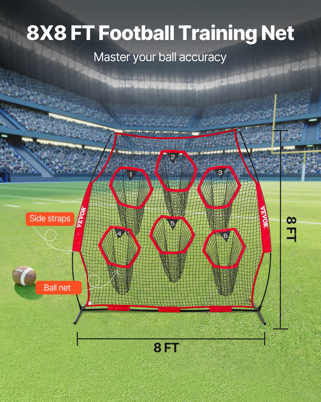 VEVOR 8x8 ft Football Trainer Throwing Net Portable Practice Net Improve QB Red