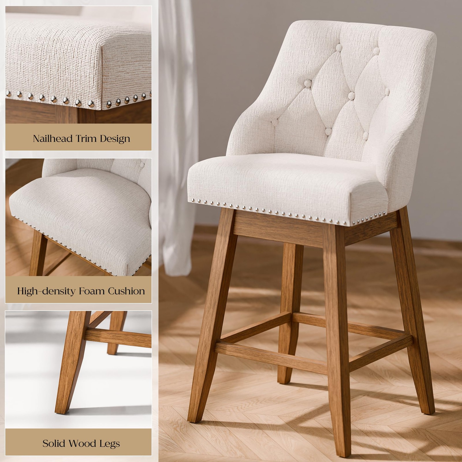 Swivel Bar Stools Set of 2 Upholstered Barstools with with Tufted Backs