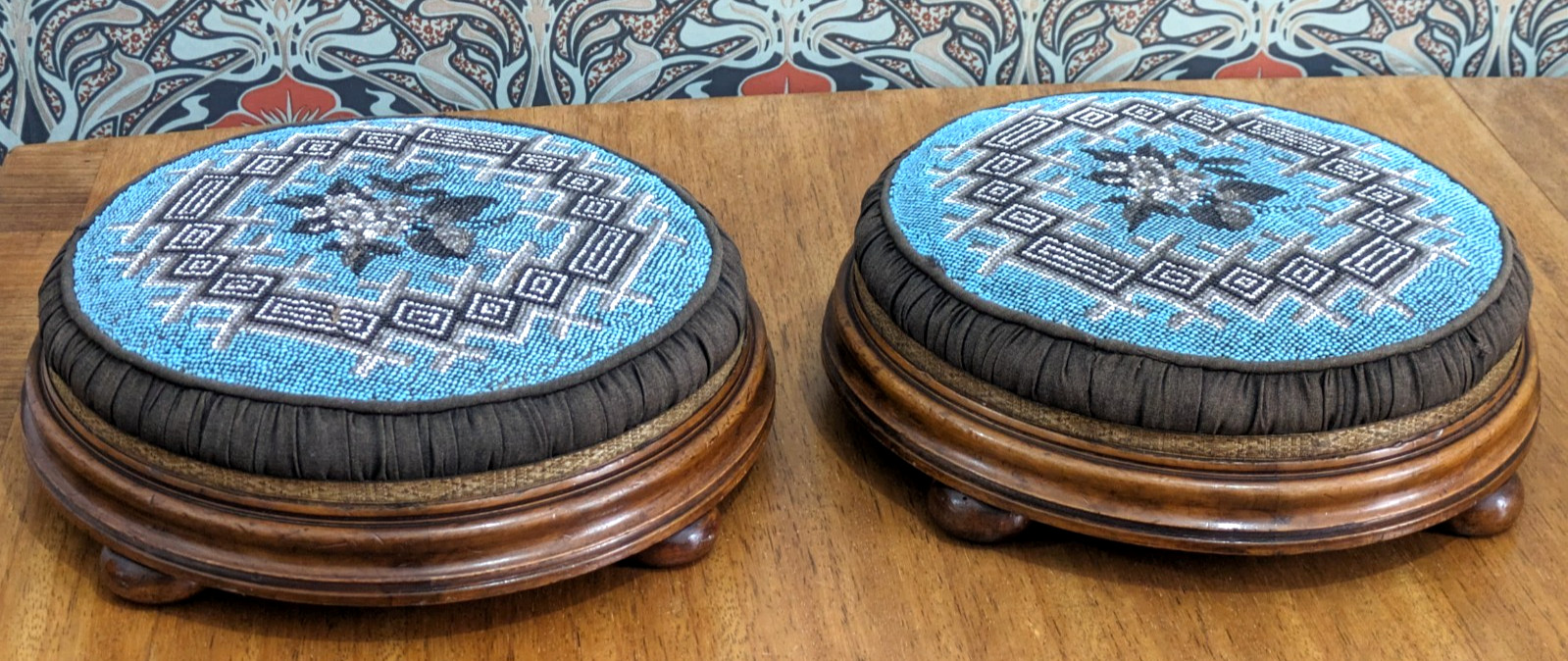 Victorian 19th Century Pair Walnut Turquoise Beadwork Bunfeet Footstools Antique