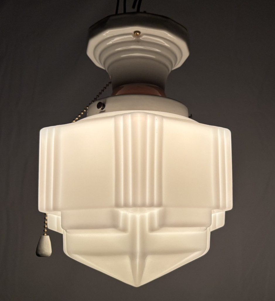 Skyscraper Shade Porcelain Ceiling Light Fixture Vtg Art Deco Glass USA #L44