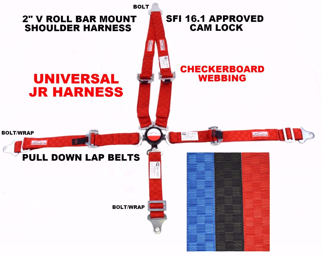 QUARTER MIDGET UNIVERSAL RACING V HARNESS 5 POINT CAM LOCK 2" SFI 16.1 RED CHECK