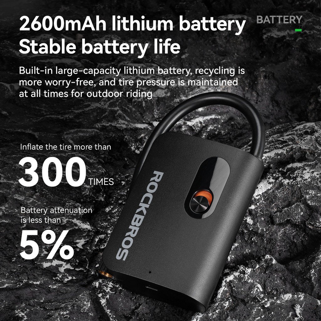 ROCKBROS Bicycle Electric Air Pump Mini Portable 70PSI Inflator 2600mAh Type-C