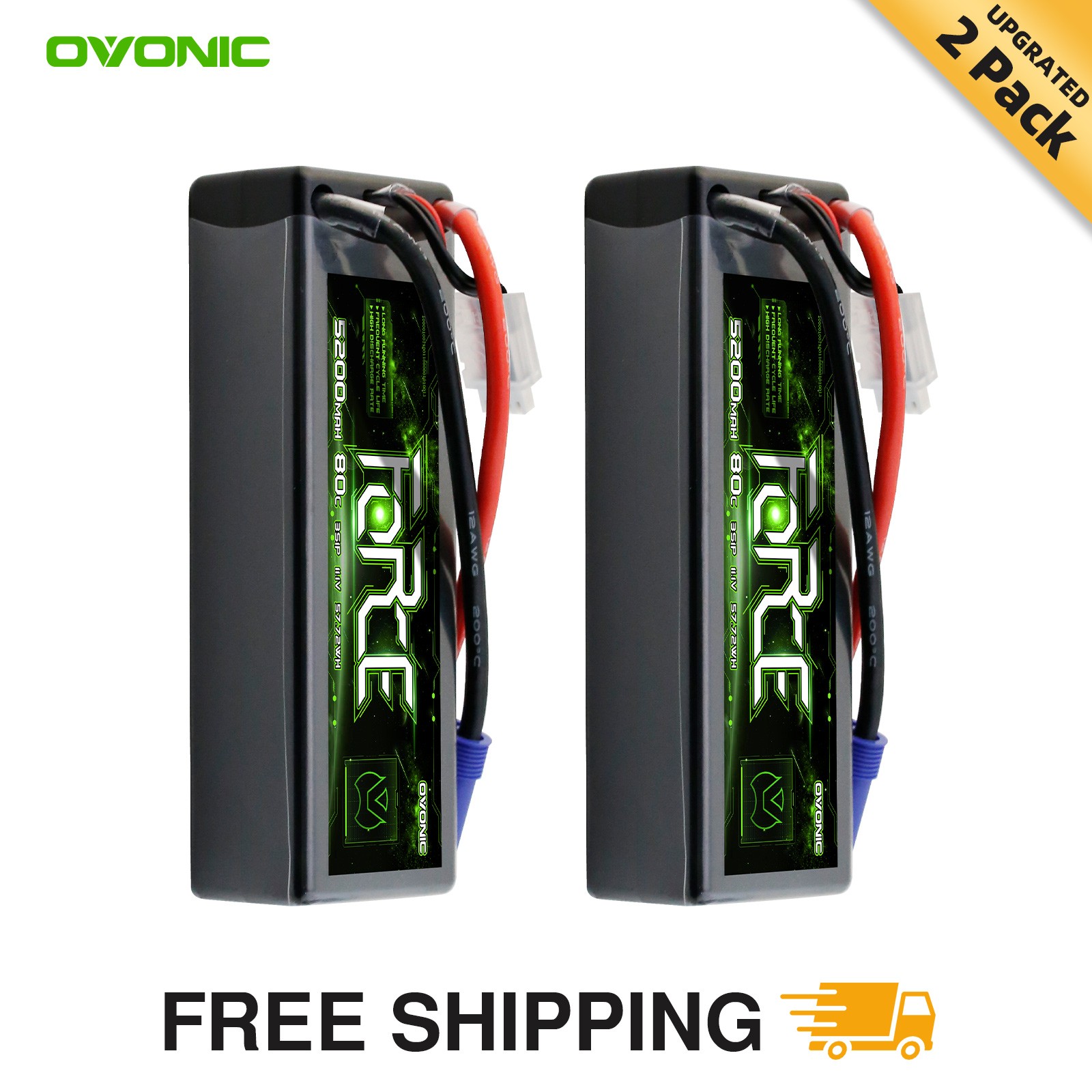 2X Ovonic Force 5200mAh 80C 11.1V Hardcase 3S LiPo Battery EC5 For 1/10 RC Car