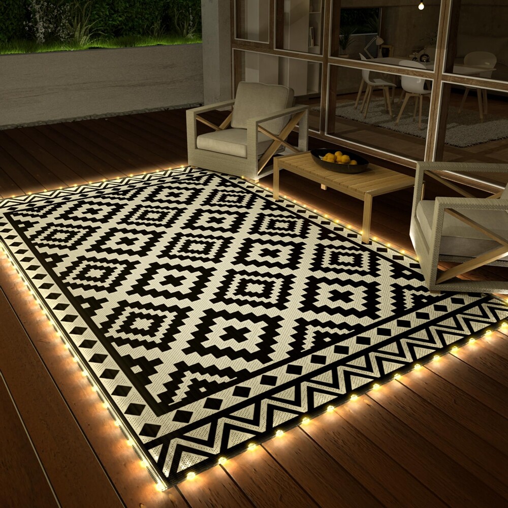 HAUSHOF 5'X8' Outdoor Rug Waterproof with LED Strip Light Black&White for Porch