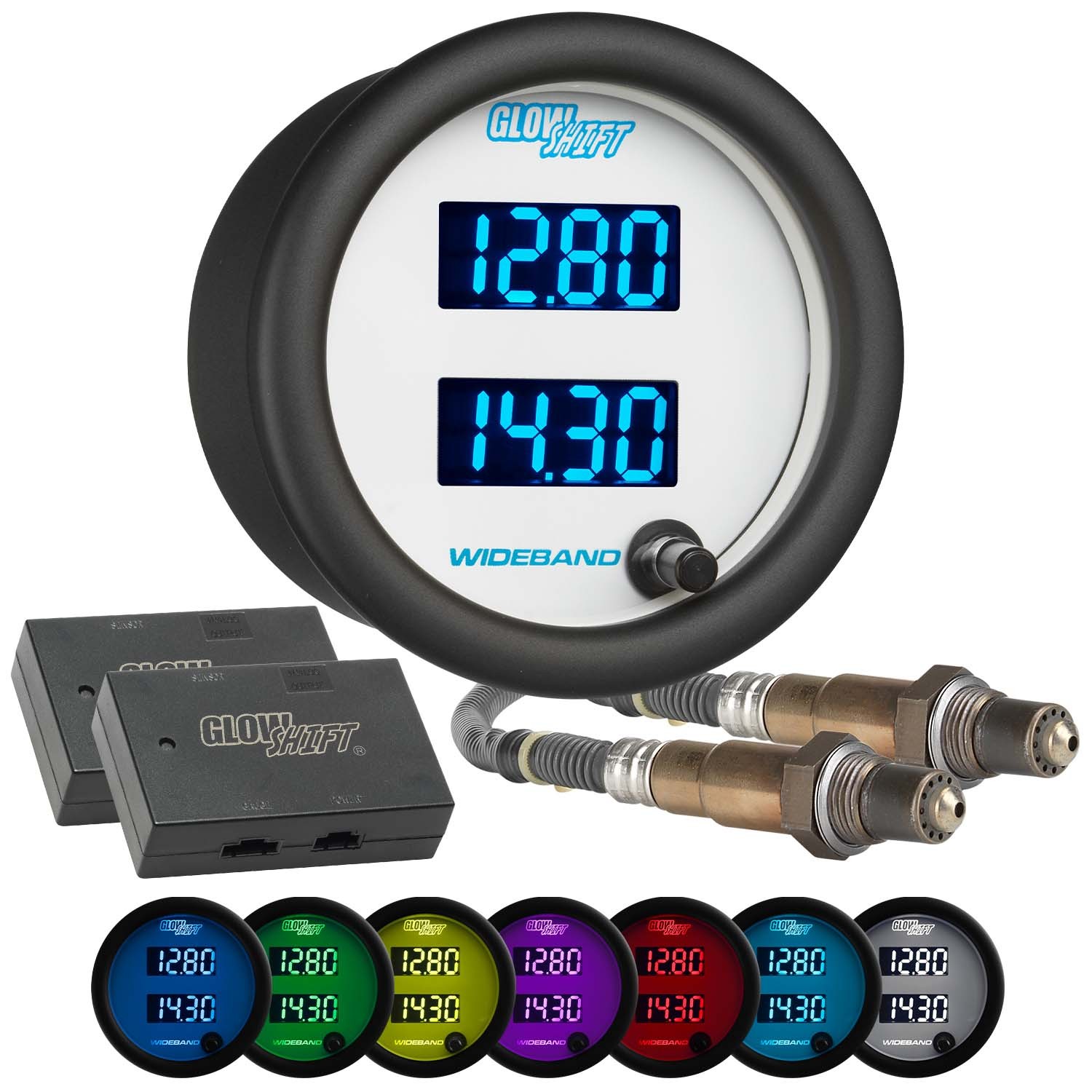 GlowShift White 7 Color Dual Wideband Air/Fuel Ratio Gauge w LSU Oxygen Sensors