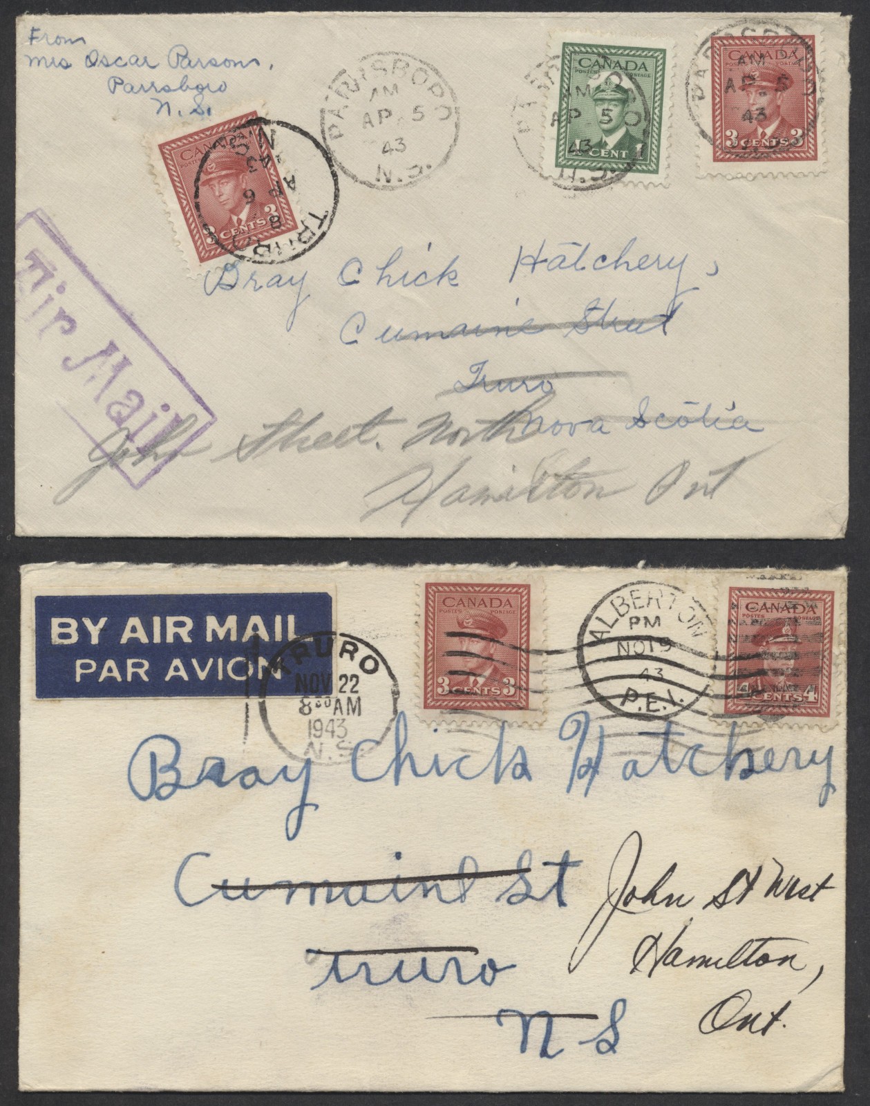 1943 Two Covers to Bray Chicks Truro NS Uprated 3c For Airmail to Hamilton ONT