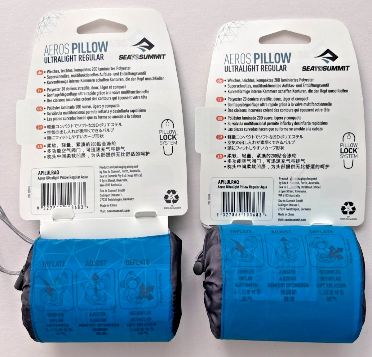 Set Of 2x Sea To Summit Aeros Inflatable Camping UL Air Pillows Reg. Aqua NEW!