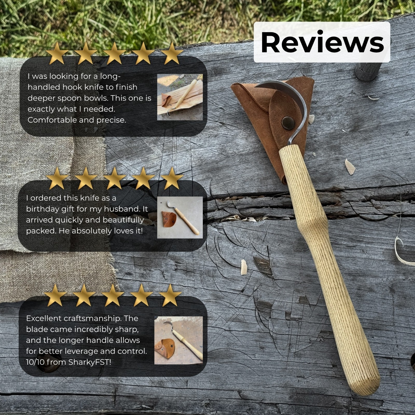 Long Hook Carving Knife 2.36'' Blade For Bowls Spoons Carbon Steel Ash Handle