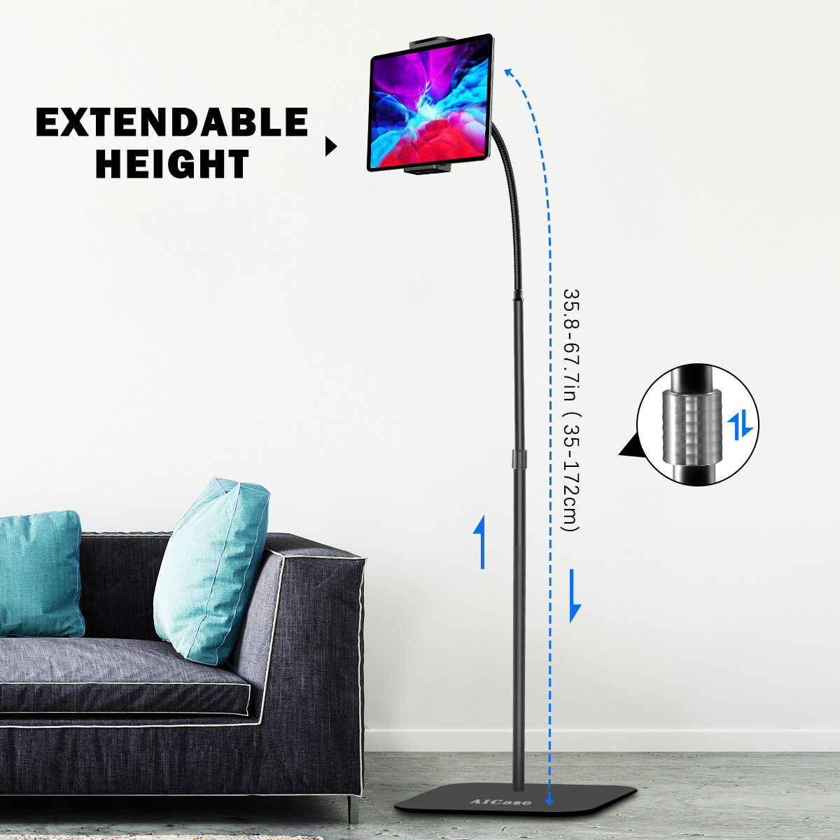 360° Adjustable Height Cell Phone Tablet iPad Gooseneck Holder Mount Floor Stand