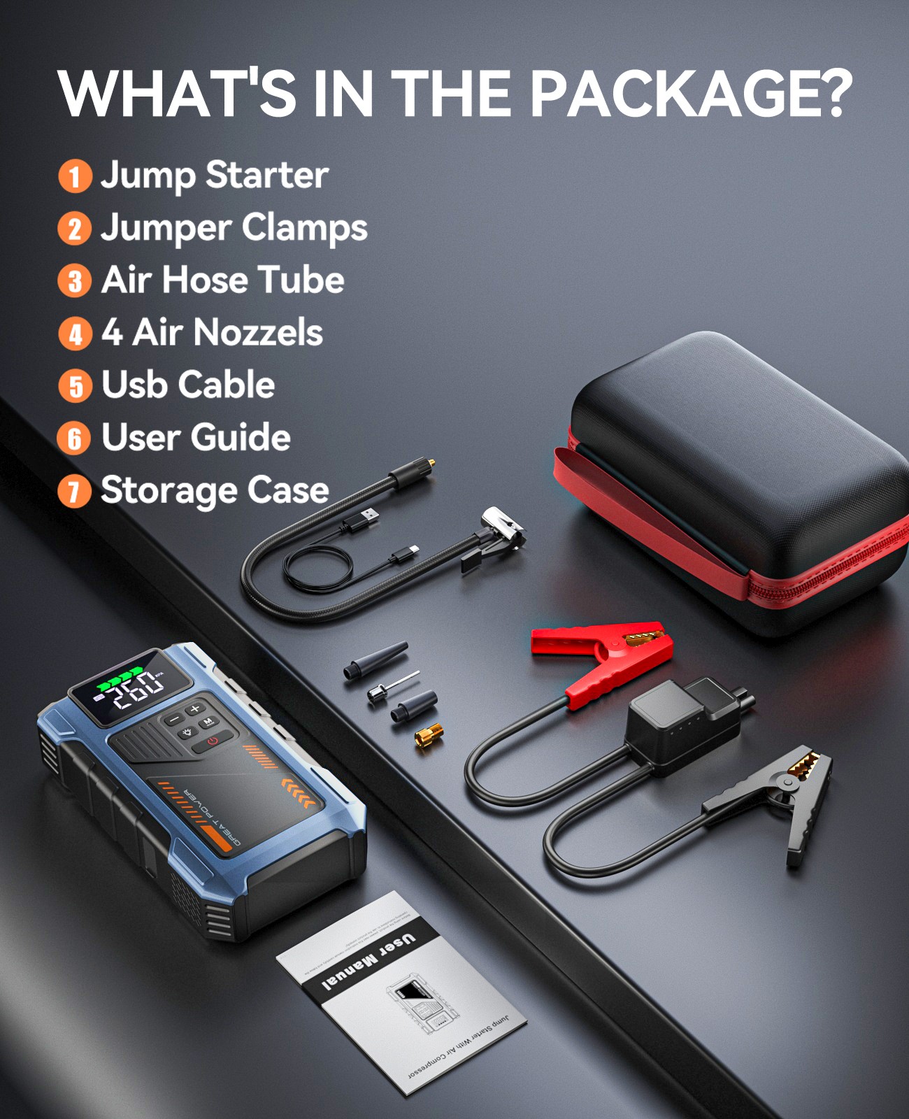 6000A Car Battery Charger Jump Starter with Air Compressor & Portable Power Bank